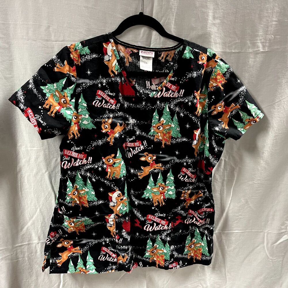 Rudolph Red Nose Reindeer Christmas Scrub Top Large Hospital Nurse